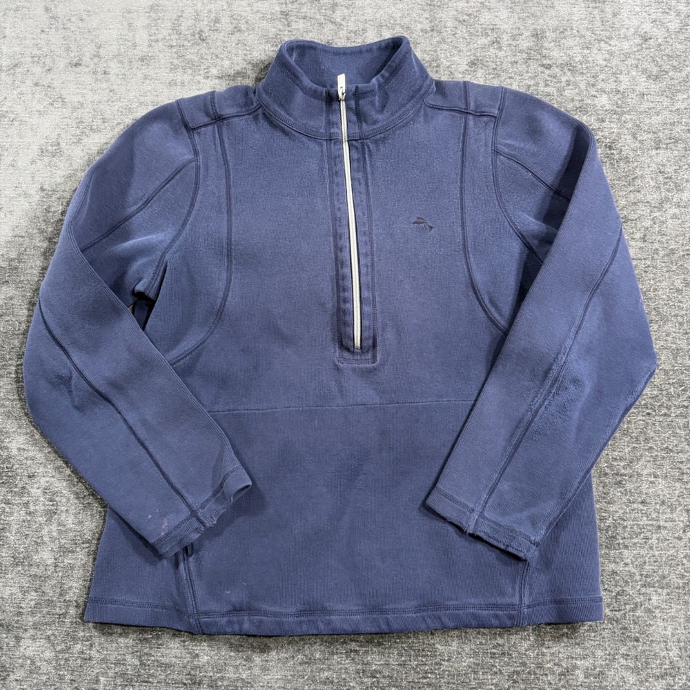 Tommy Bahama Mens XL Blue Ribbed Quarter Zip Pullover Sweatshirt Marlin Logo